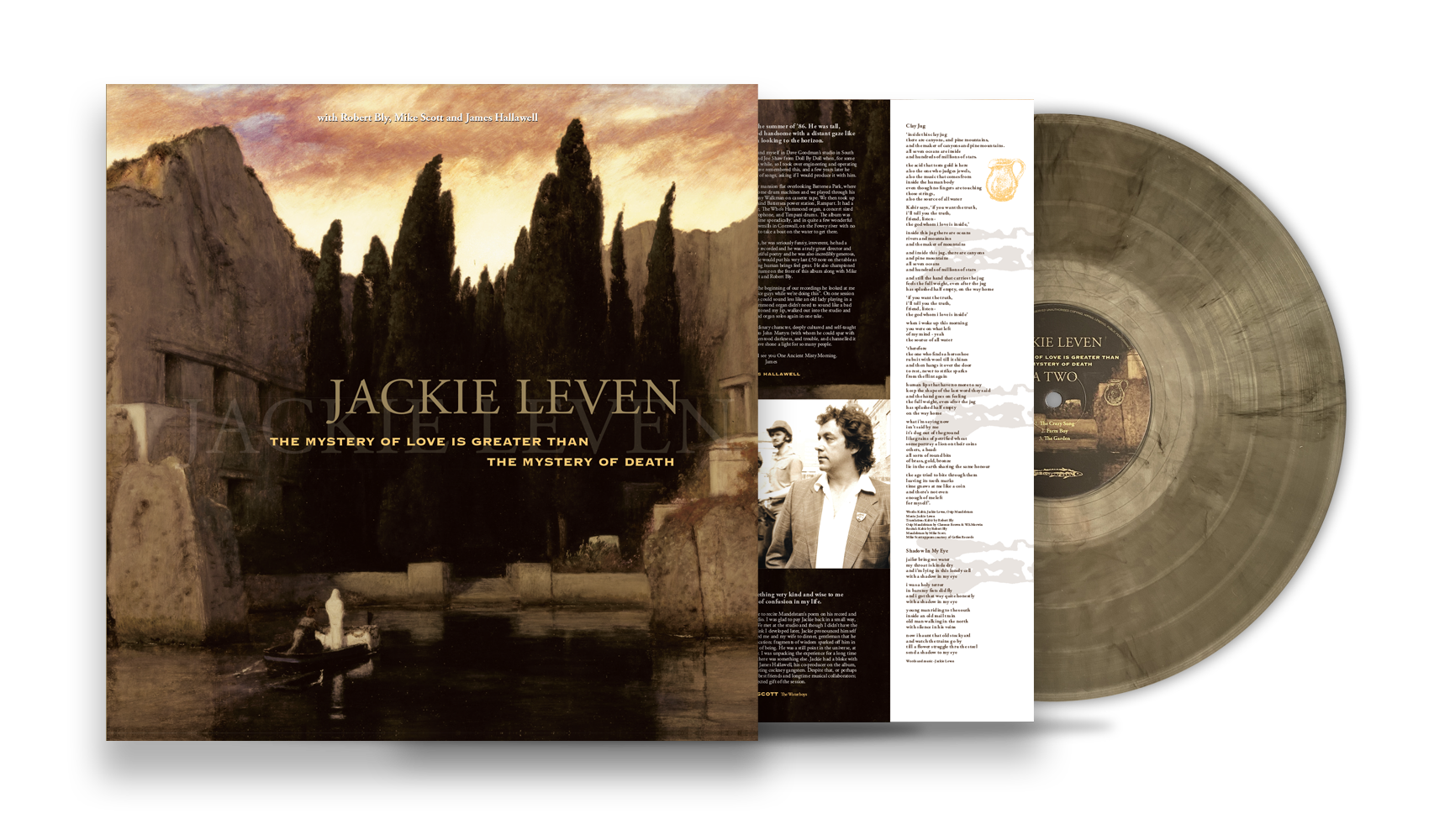 Vinyl record album cover titled "Jackie Leven: The Mystery of Love is Greater Than the Mystery of Death" with a background image of a historic site with tall trees and ruins, and a small boat on water with two people.