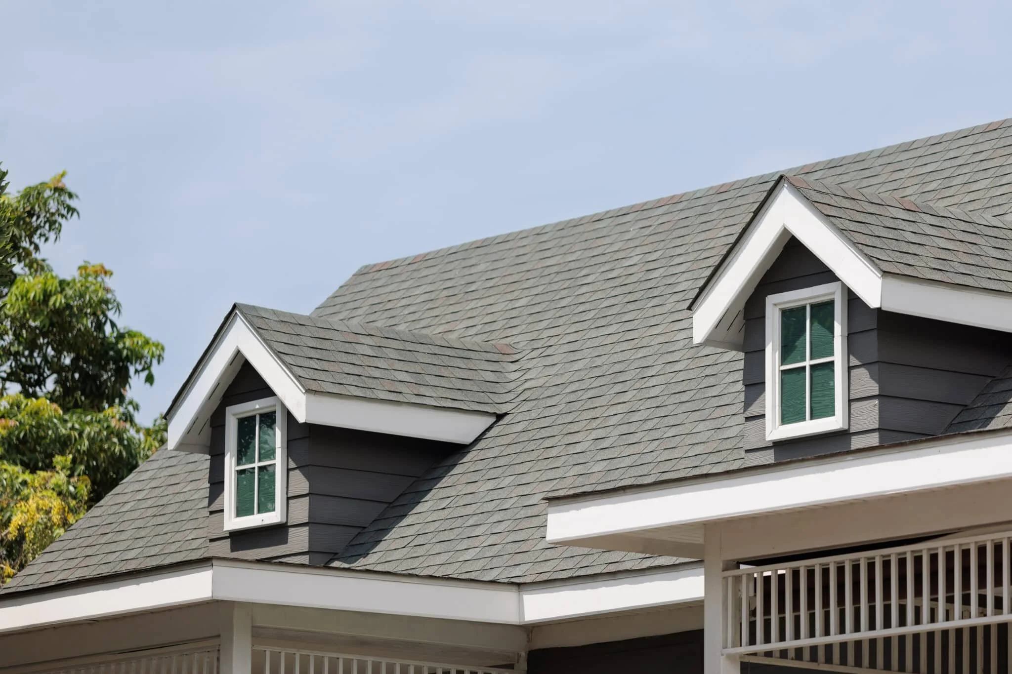Close-up of a house's gabled roof with gray shingles and two small dormer windows with white framing, dark exterior siding, and a white overhang. Part of a tree with green leaves is visible on the left side.