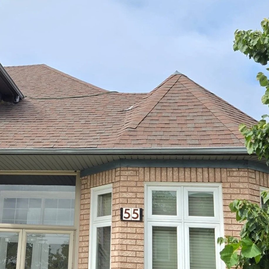 Close-up of a house with brick exterior and a number 55 on the wall, with a roof and a tree on the right side.