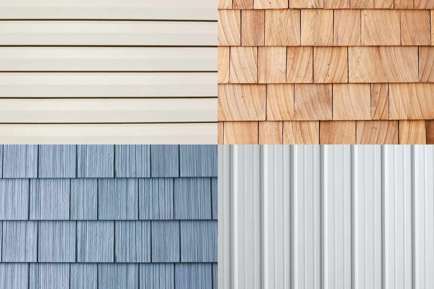 A collage of four different types of exterior wall cladding materials in a 2x2 grid: white horizontal vinyl siding, natural wood shingles, blue painted wooden shingles, and silver vertical metal siding.