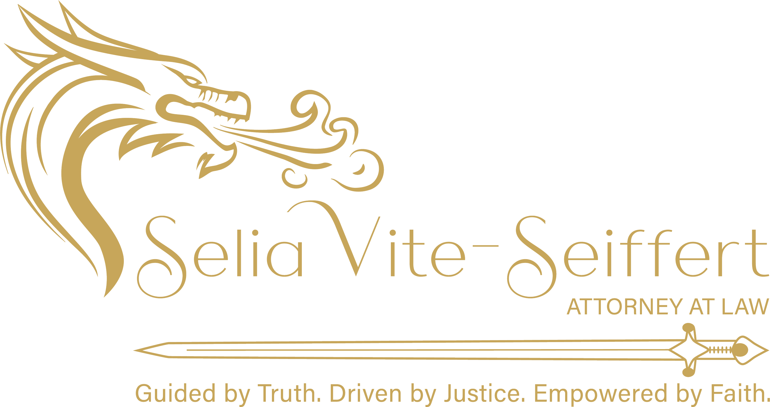 Logo for Selia Vite-Seifert, an attorney at law, featuring a gold stylized dragon and a gold arrow, with the text "Guided by Truth. Driven by Justice. Empowered by Faith."