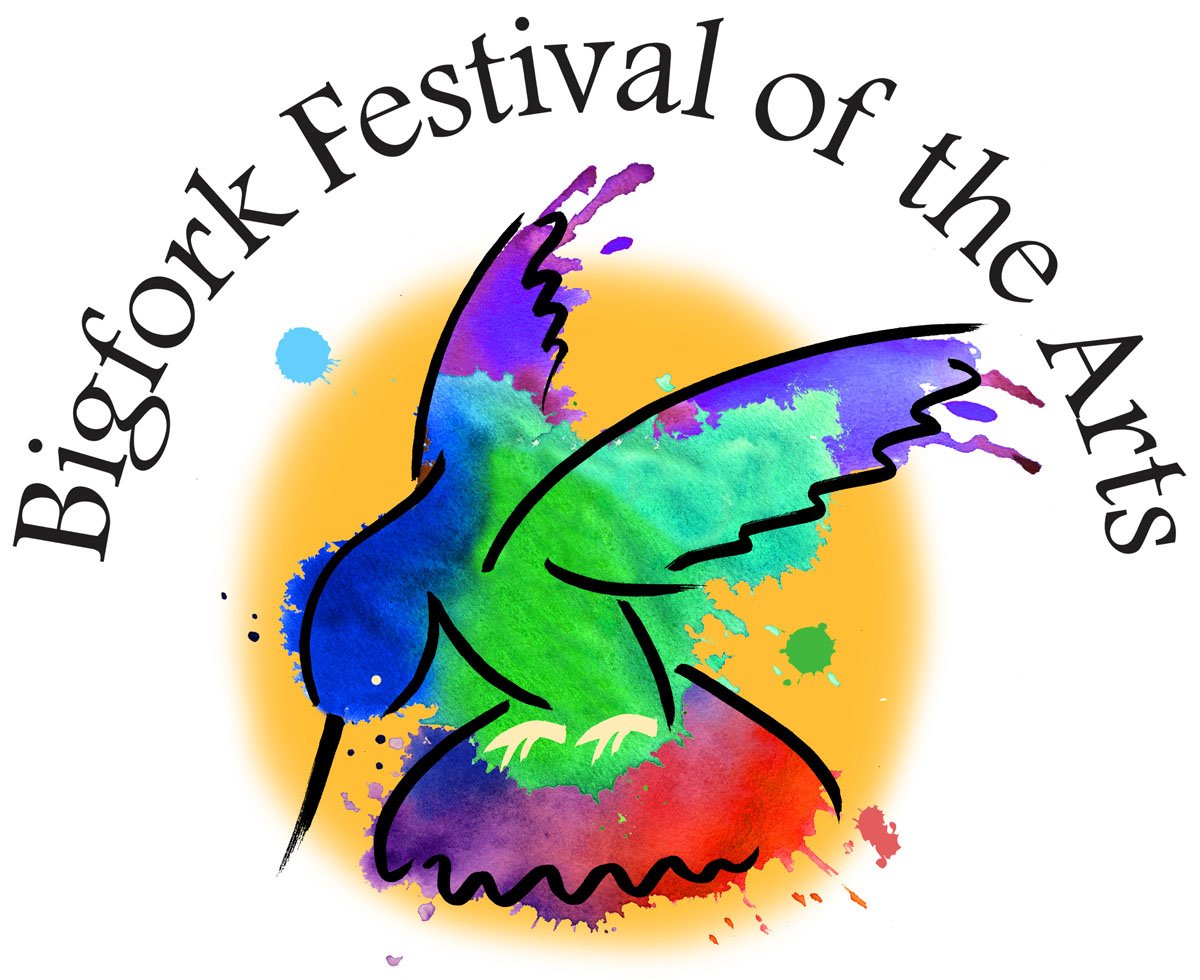 A colorful illustration of a hummingbird with rainbow-colored wings and body, surrounded by splash of vibrant colors, and the text "Bigfork Festival of the Arts" arc-shaped above the bird.