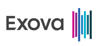 Exova logo with stylized vertical bars in pink and blue