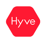 Hyve logo on a red hexagonal background with black border