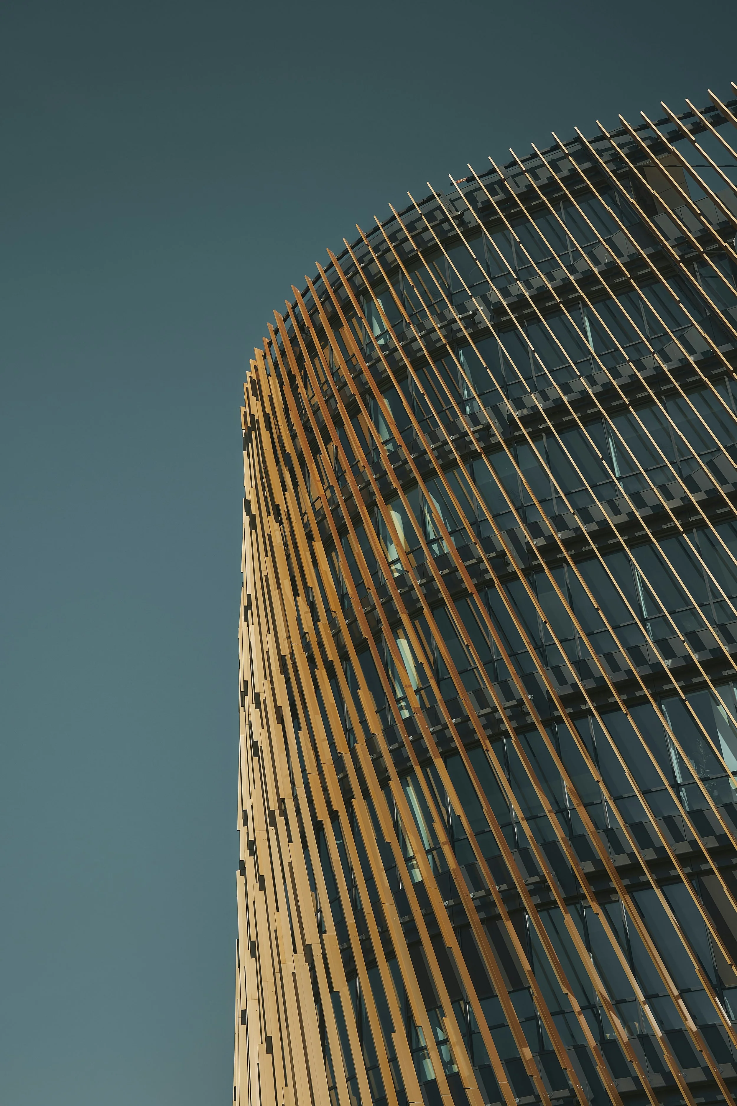 Modern building with curved glass facade and wooden slats along the exterior, captured during daylight against a clear sky.