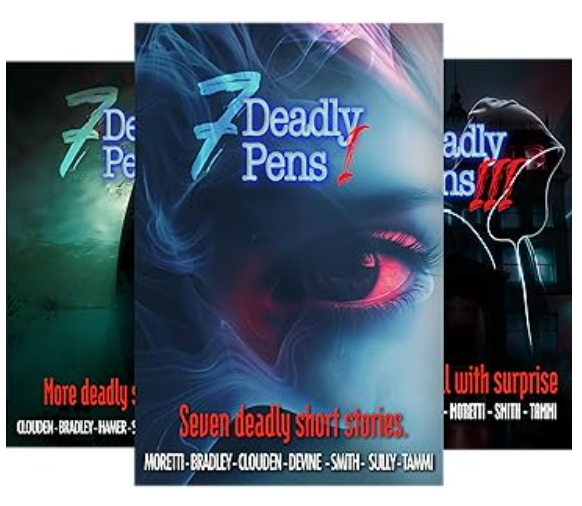 Book covers of '7 Deadly Pens', a collection of short stories, featuring dark and vibrant abstract designs with the titles and author names.