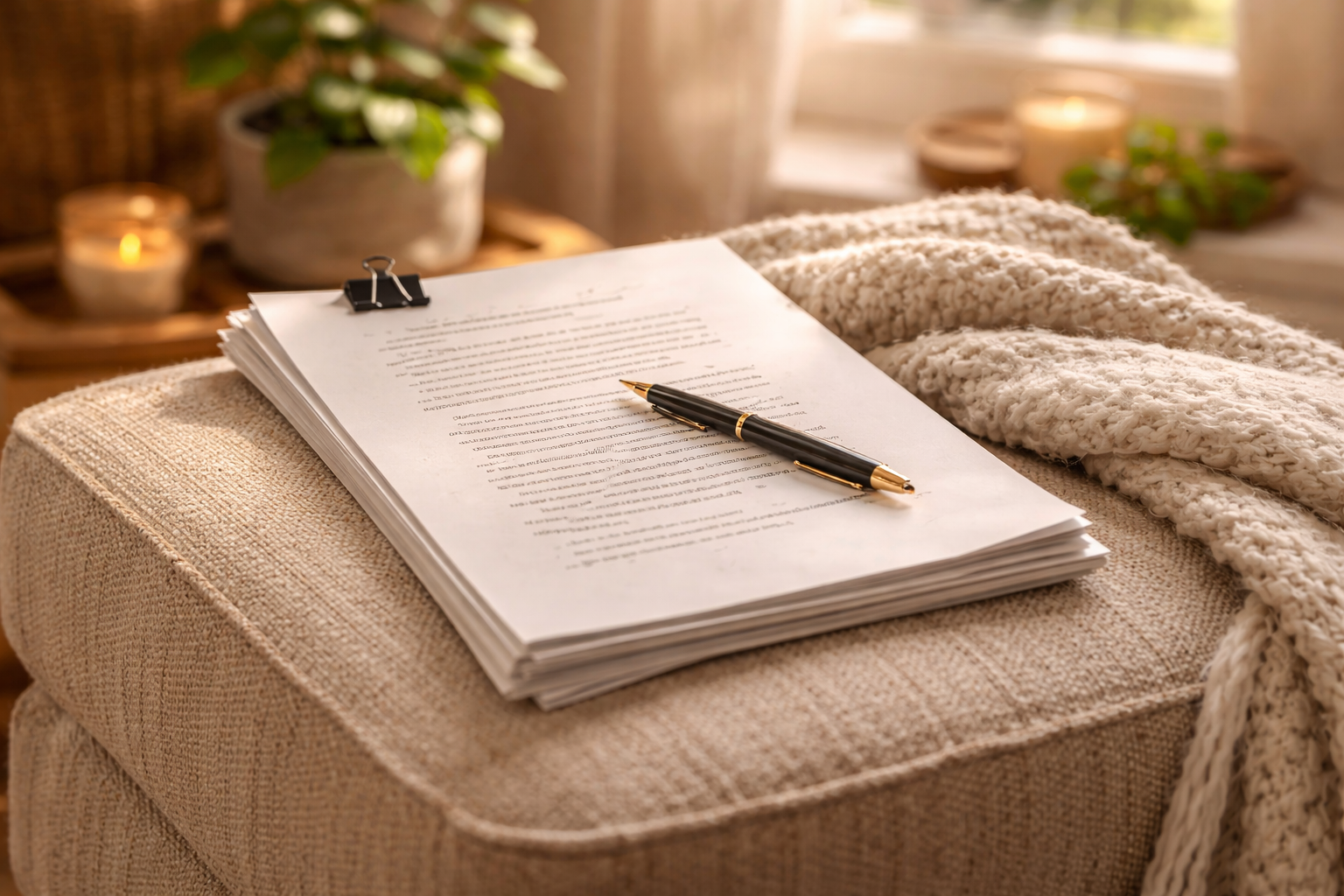 Cozy writing scene with manuscript and pen.png