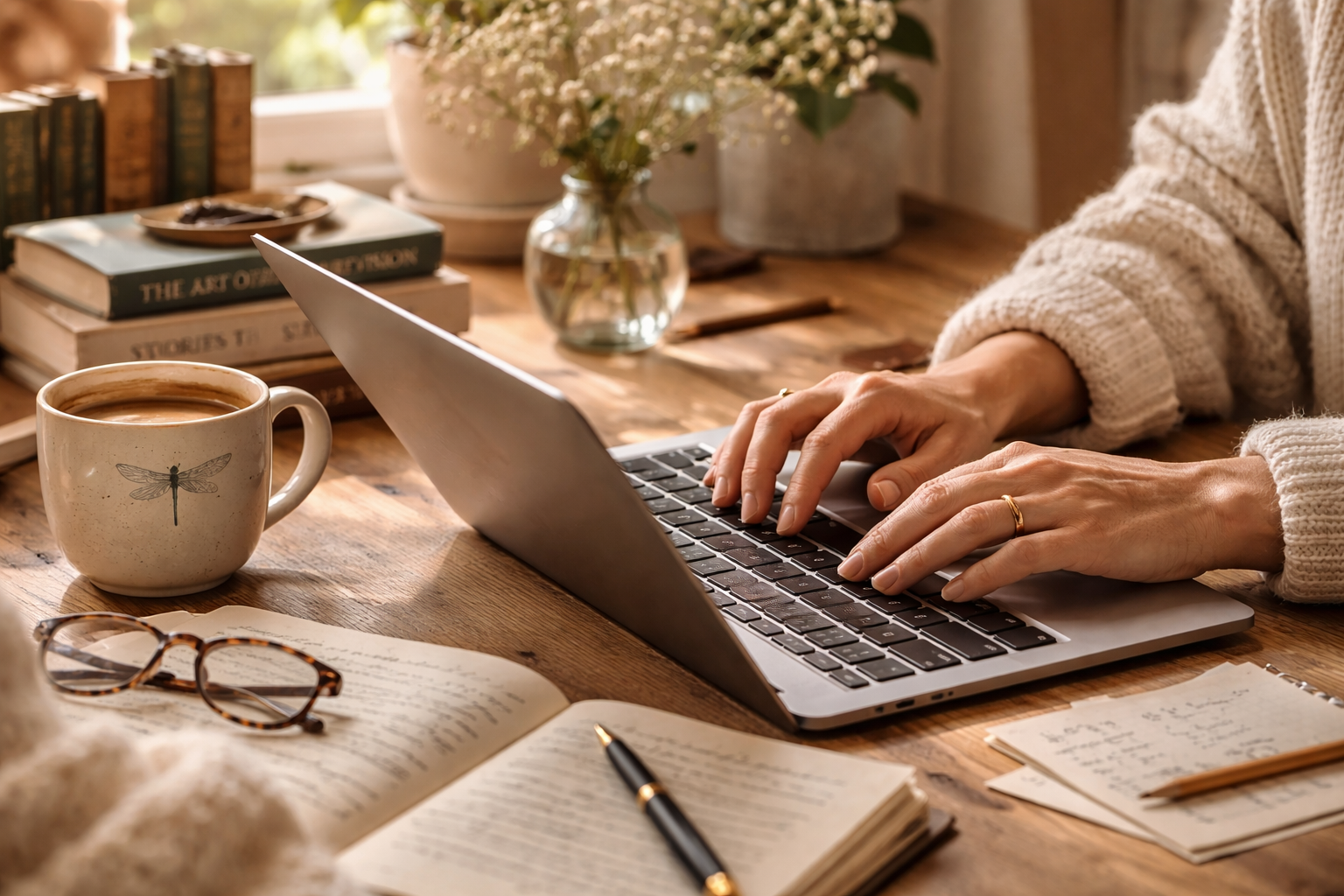A person typing on a laptop at a wooden desk, surrounded by books, a cup of coffee, glasses, a pen, notes, and a vase with white flowers.