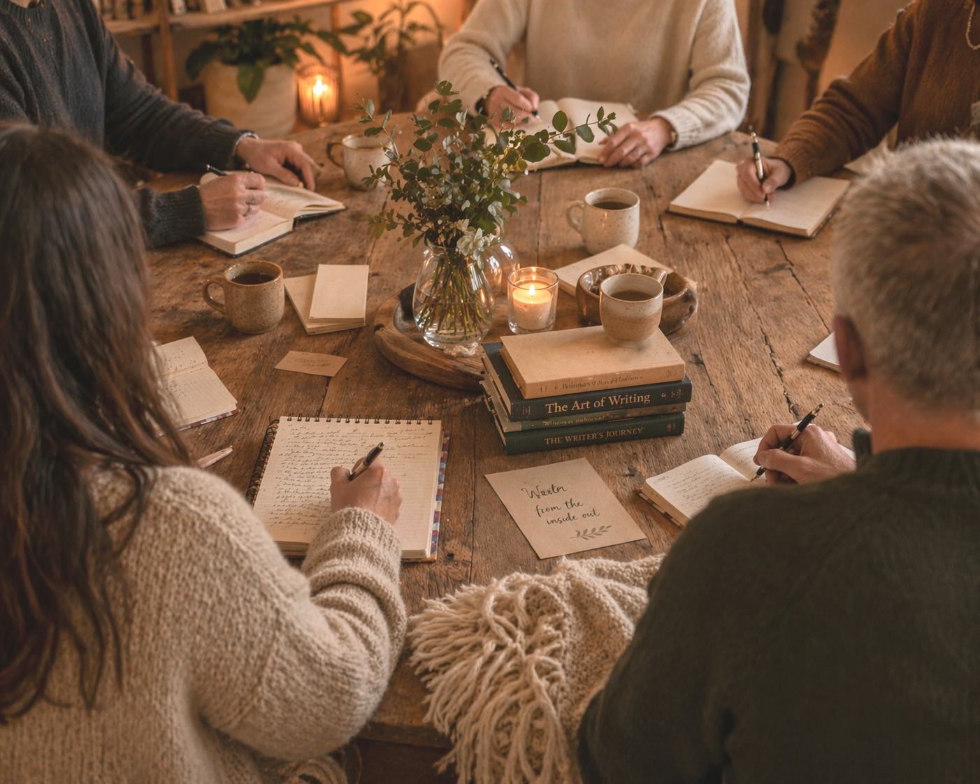 Group of people sitting around a rustic wooden table, writing in notebooks, with books, cups of coffee, a candle, and a centerpiece with green foliage in a cozy, warmly lit room.