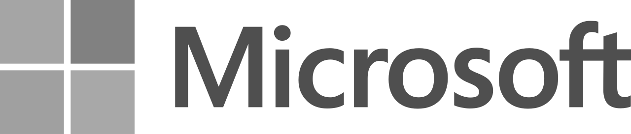 Microsoft logo with four square panels in shades of gray and the word 'Microsoft' in gray text.