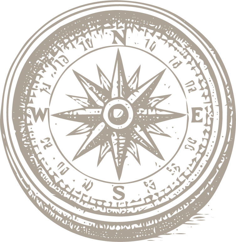 Black and white illustration of a compass with cardinal directions N, E, S, W, and decorative details.