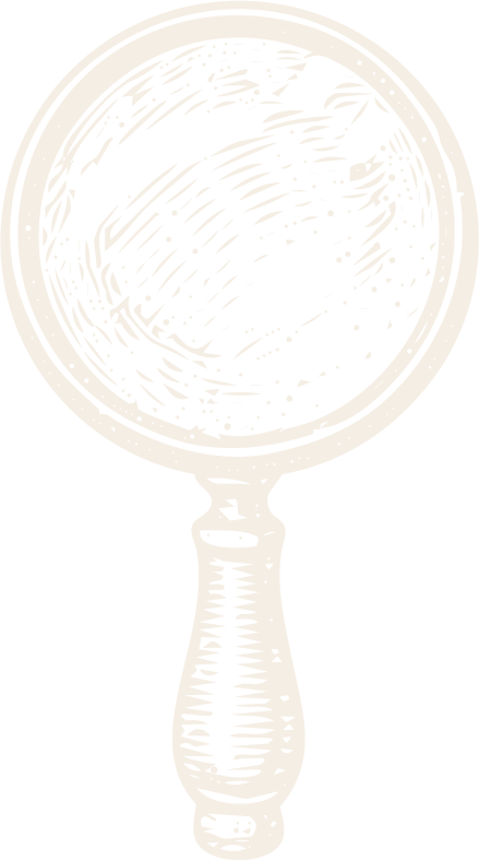 Line drawing of a handheld mirror with a round reflective surface and a short handle.
