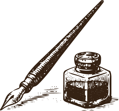 A fountain pen and an ink pot depicted in a sketch style.