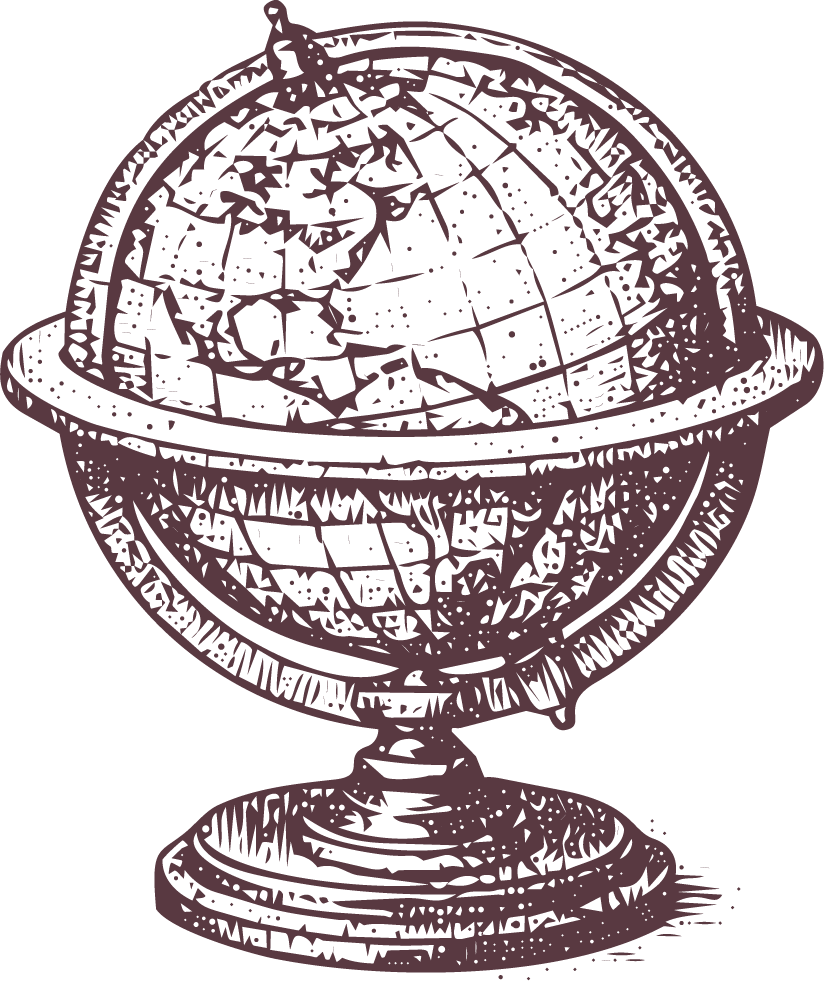 A line drawing of a globe on a stand, showing North America in the center, with latitude and longitude lines.