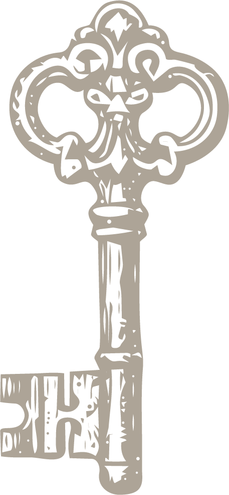 A black-and-white illustration of a vintage skeleton key with ornate details.