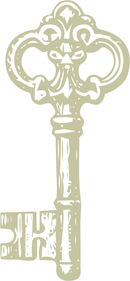 Illustration of an ornate, vintage-style key with decorative elements at the head and a long shaft, shown in a cream color against a black background.