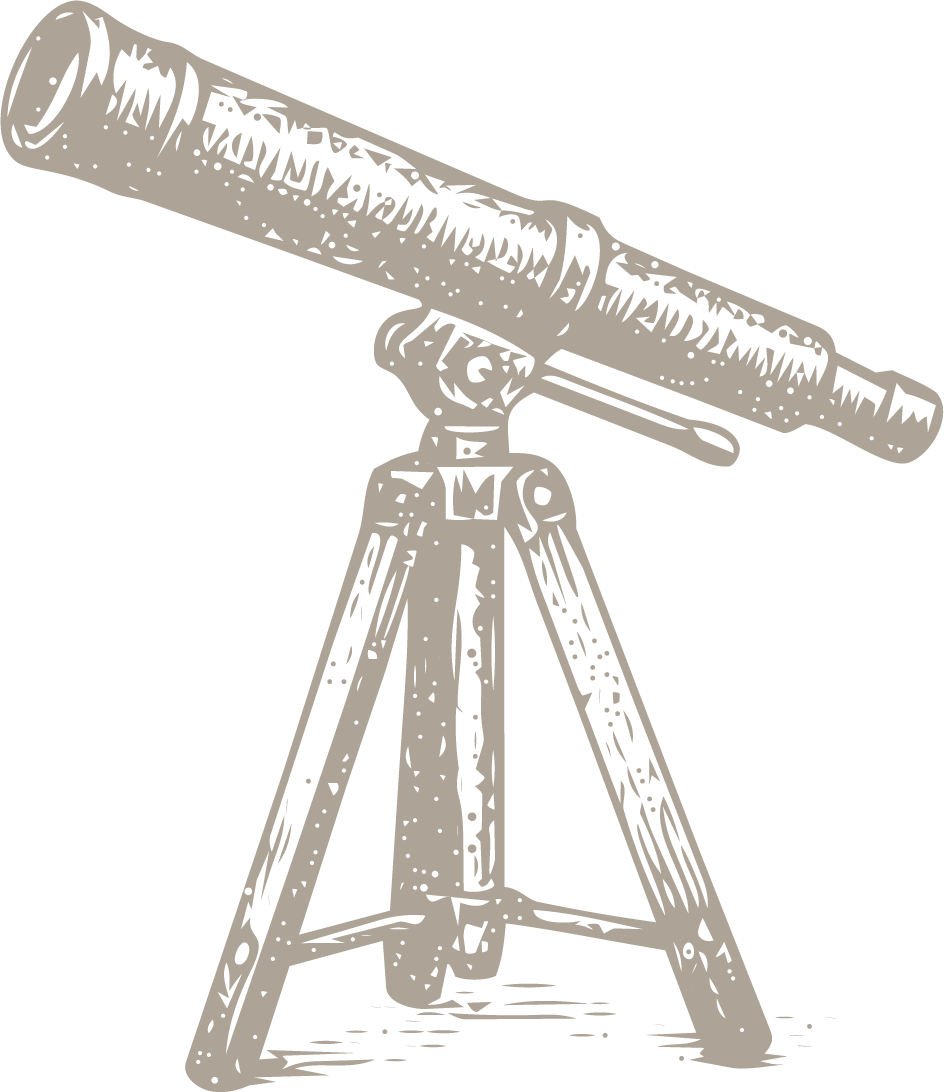 Black and white illustration of a telescope mounted on a tripod.