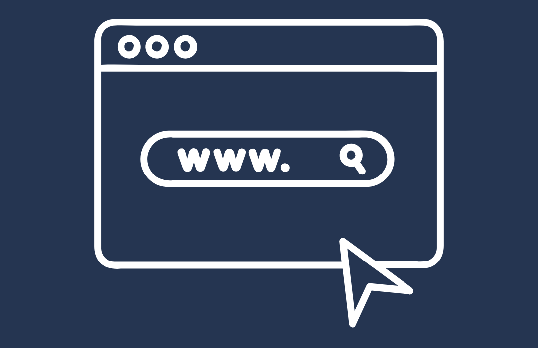 Line drawing of a web browser window with a search bar showing "www." and a search icon, accompanied by a cursor arrow.