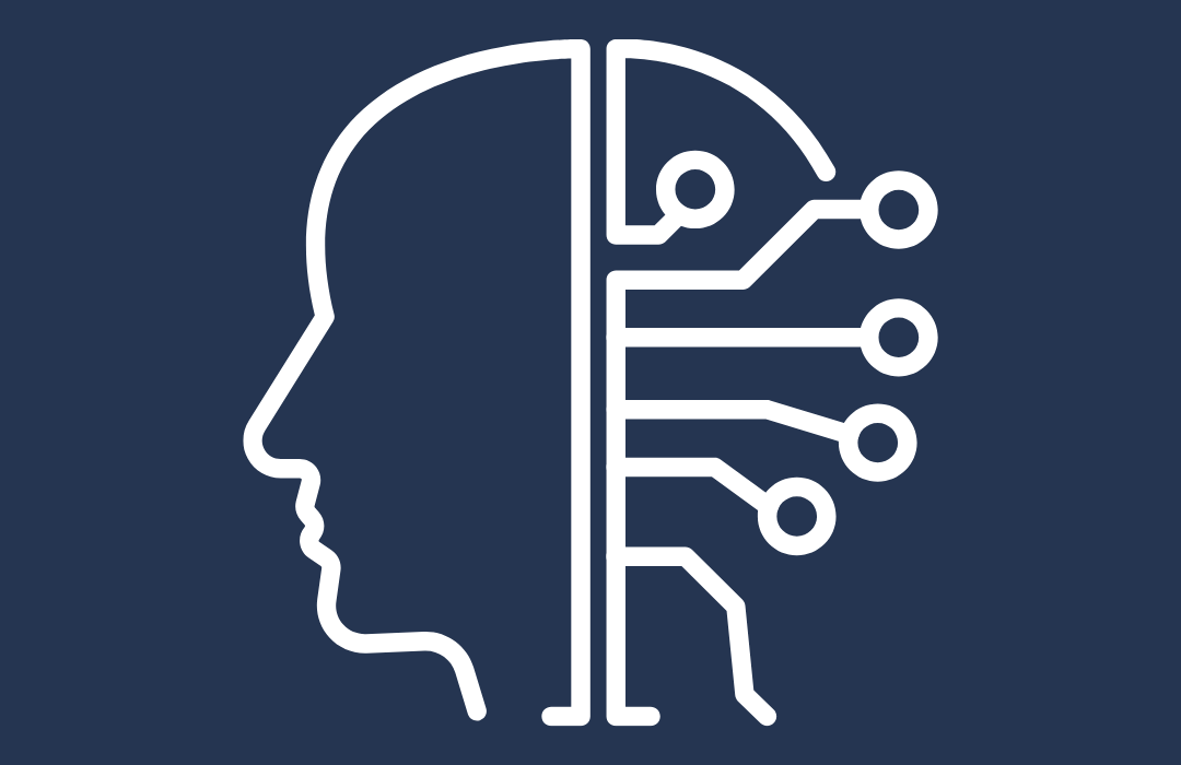 An illustration of a human head profile with a circuit board pattern on the right side, symbolizing artificial intelligence or machine learning.
