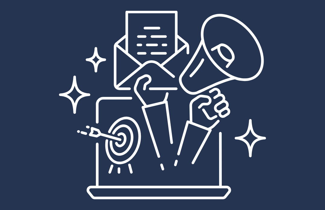 Line drawing of a person holding a megaphone and an envelope with letter, emerging from laptop with a target and arrow, surrounded by sparkles.