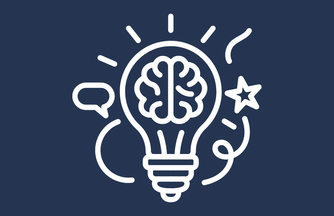 Outline of a light bulb with a brain inside it, surrounded by lines, a star, and a speech bubble, symbolizing ideas and creativity.