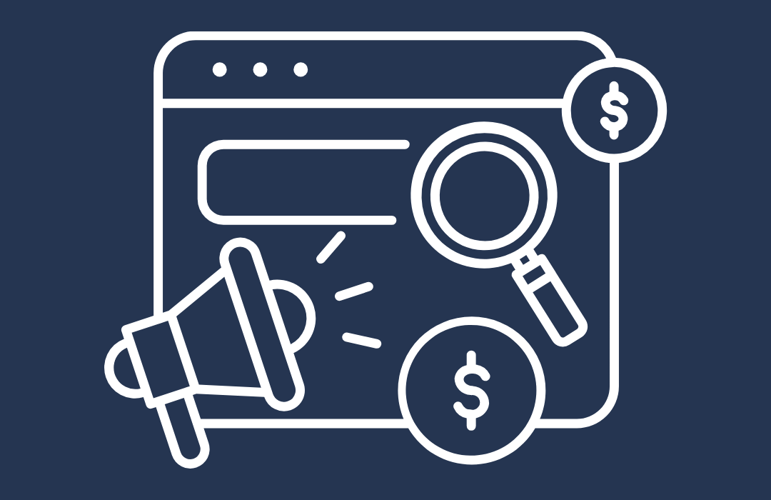 Line drawing of a computer browser window with a magnifying glass, dollar signs, a megaphone, and a search bar, representing online advertising or marketing.