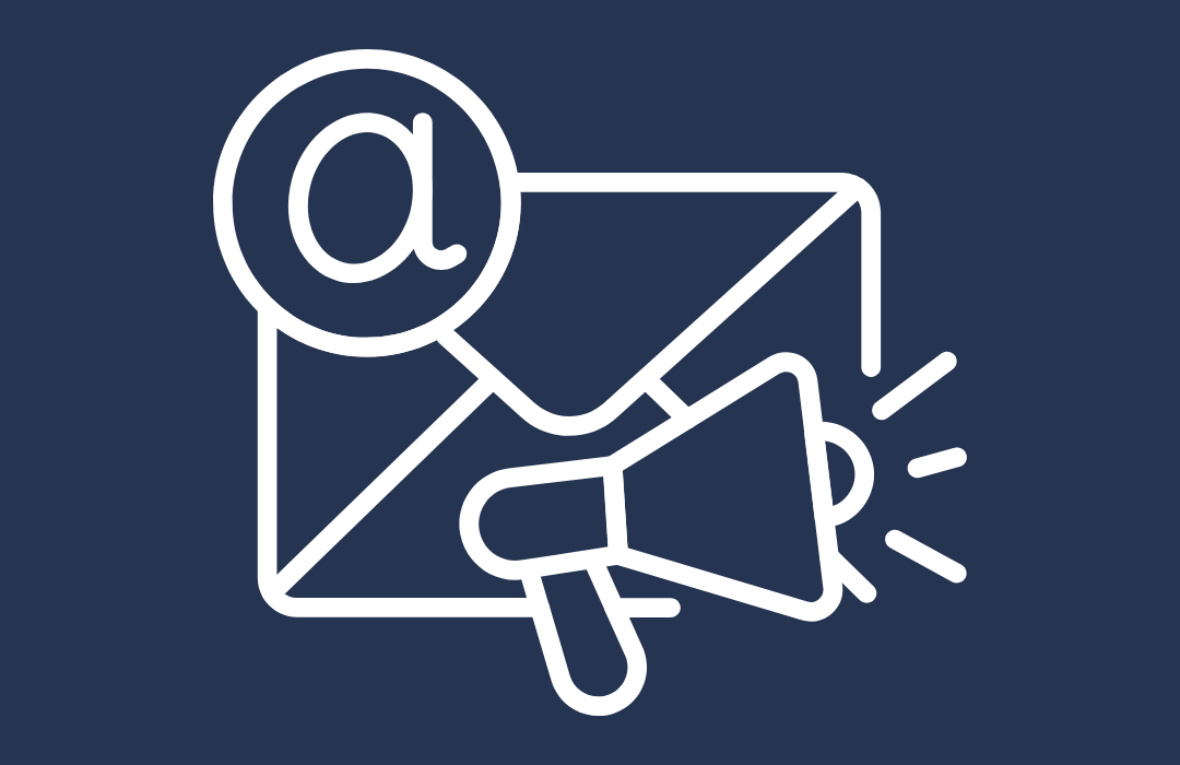 Outline of an email envelope with an '@' symbol and a megaphone.