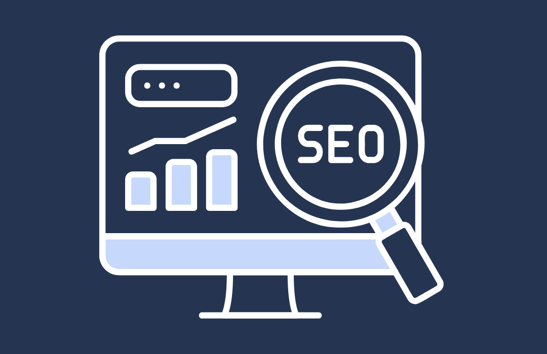 Computer monitor with SEO-related icons, including a magnifying glass with 'SEO' inside, a bar graph, and a line graph, on a dark background.