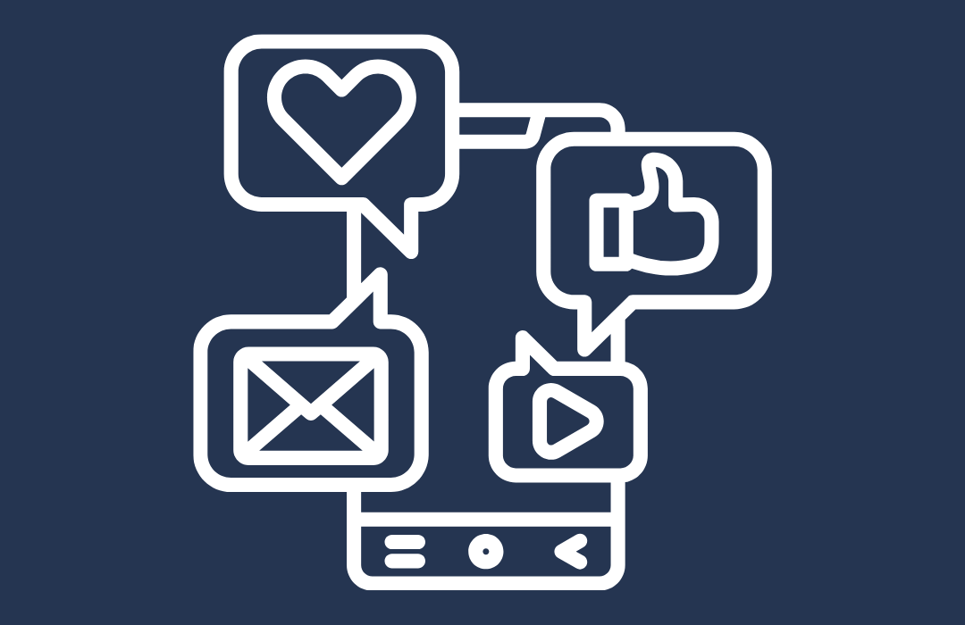 Outline drawing of a smartphone with icons for messages, love, thumbs up, email, and play on its screen, on a dark background