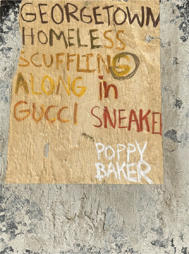 'Georgetown Homeless Scuffling Along in Gucci Sneakers' by Poppy Baker