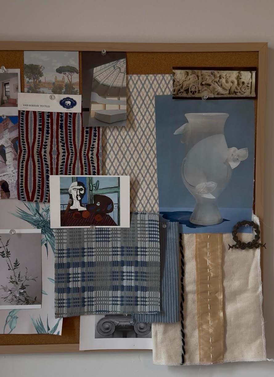 Collage of fabric swatches, artwork, and decorative items pinned on a corkboard created by Marie Vencil to showcase her moodboarding and visual techniques