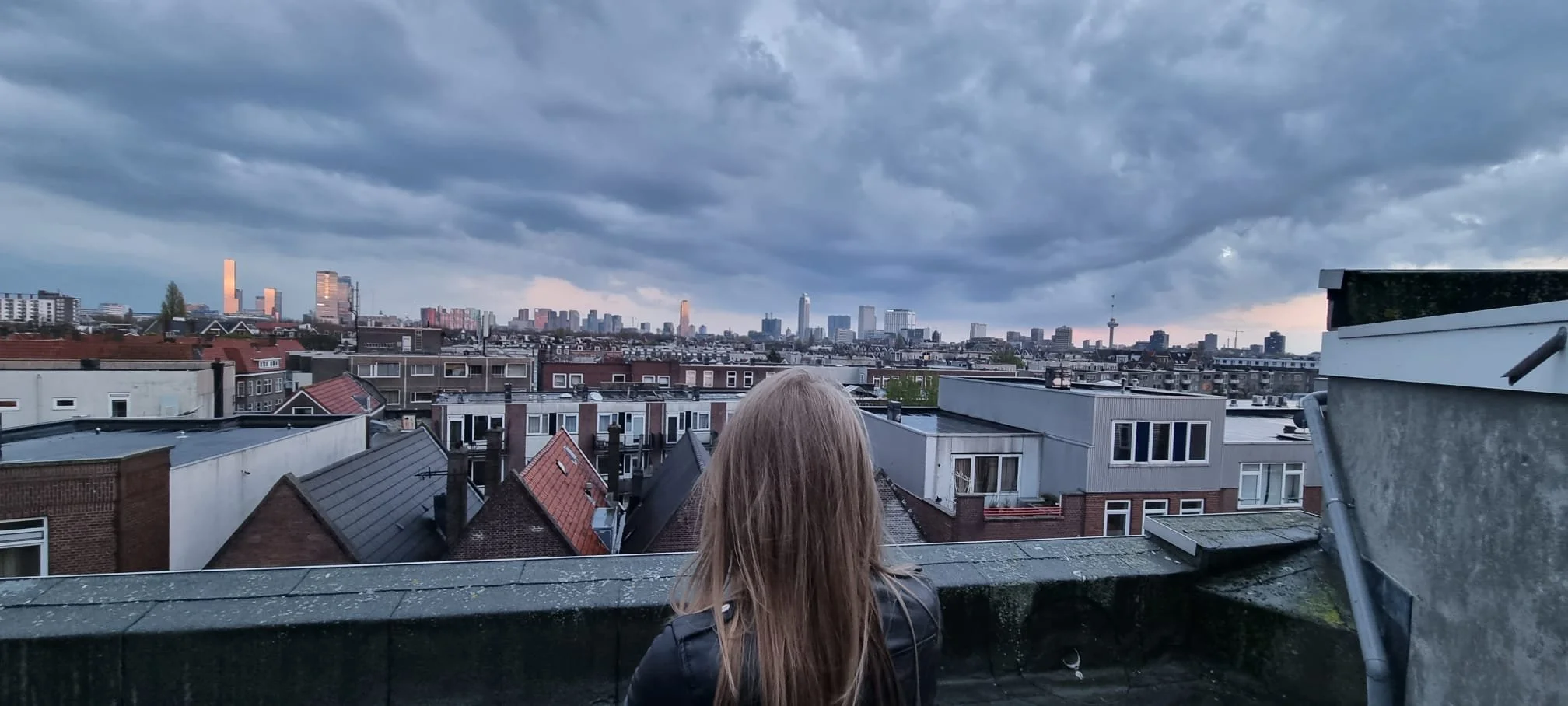 A person with long hair looking out over a city skyline from a rooftop, with darkclouds overhead.