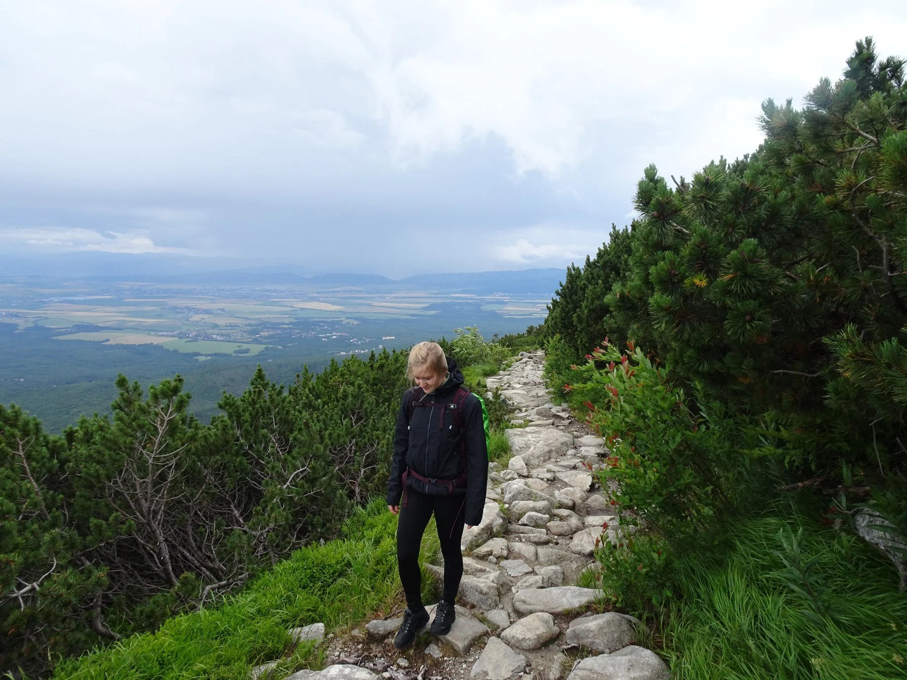 A woman hiking on a rocky mountain trail with lush green bushes on either side, overlooking a vast valley and cloudy sky in the distance.