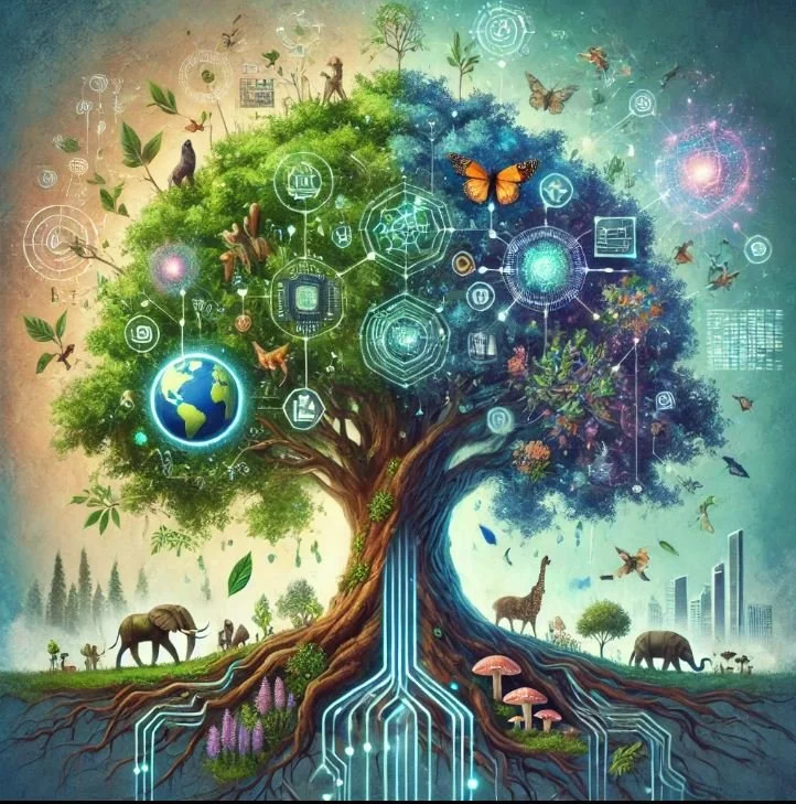 A vibrant, digital artwork of a large tree combining nature and technology, with animals like elephants, giraffes, birds, and butterflies, connected through glowing circuit lines. The tree's leaves and branches are diverse and colorful, symbolizing ecological and digital interconnectedness, with a city skyline in the background.