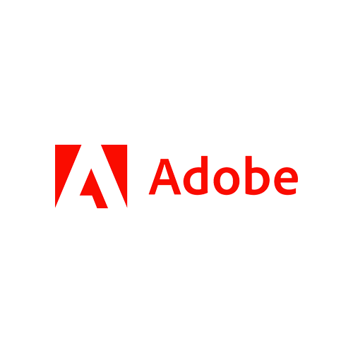 Adobe logo with red stylized 'A' and the word 'Adobe' in red on a black background.