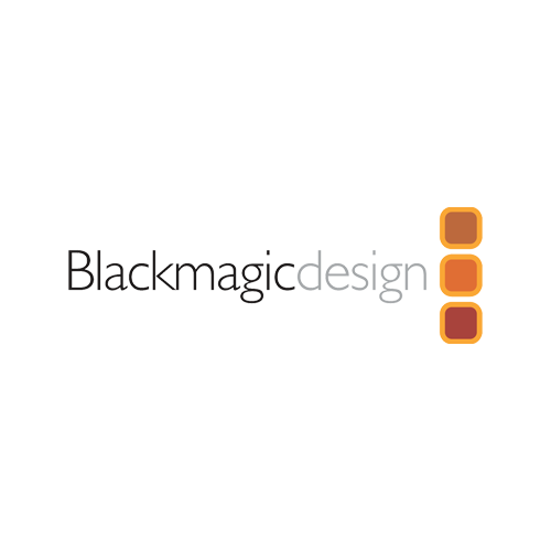 Blackmagic Design logo with three orange and brown squares stacked vertically.