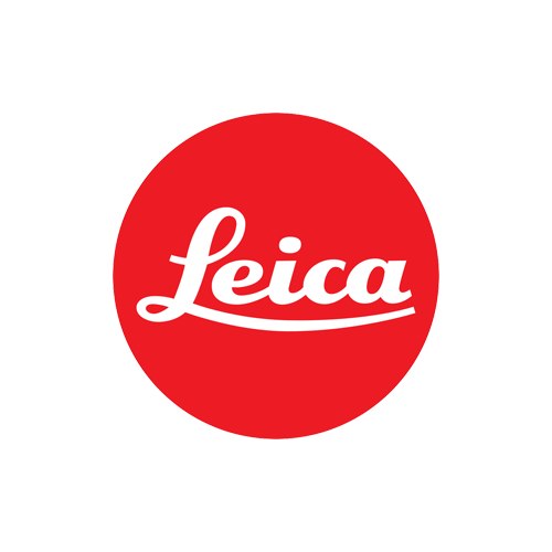 Leica logo with red circle background and white cursive text.