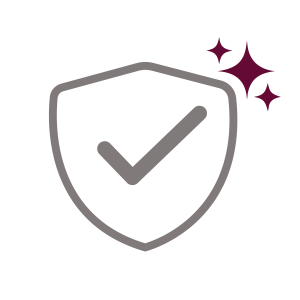 A shield with a check mark inside and three sparkles to the upper right, symbolizing protection or security.