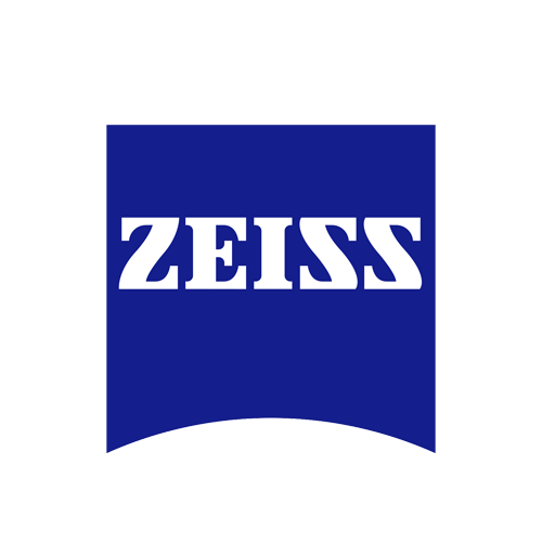 Zeiss logo with white text on a blue background.