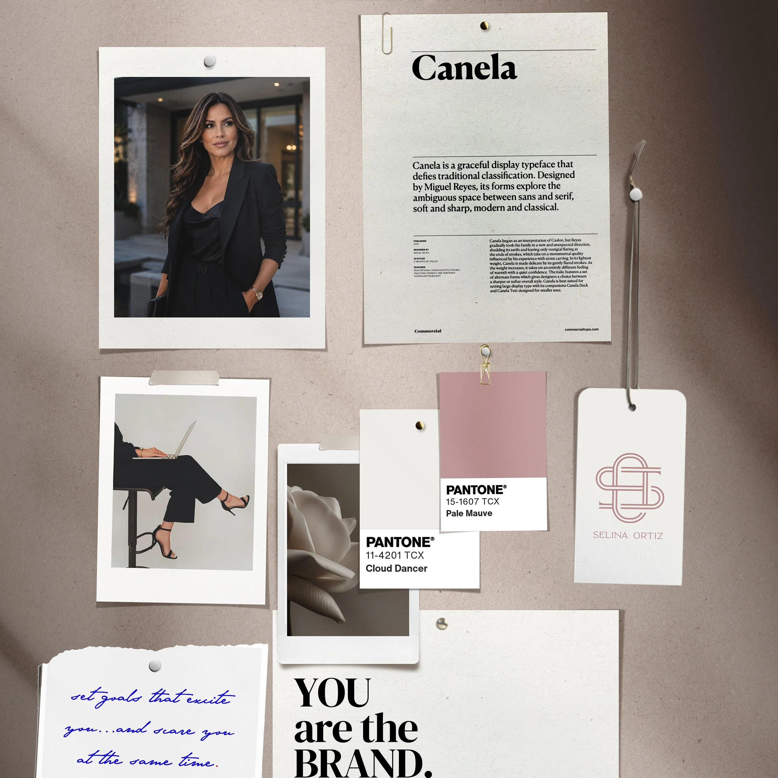 A collage of motivational and fashion-related images and texts on a bulletin board. It includes a portrait of a woman in a black suit, color swatches labeled Pantone Pale Mauve and Cloud Dancer, and various inspirational quotes and descriptions.