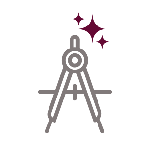 A metallic drafting compass with a purple star-shaped spark above it.