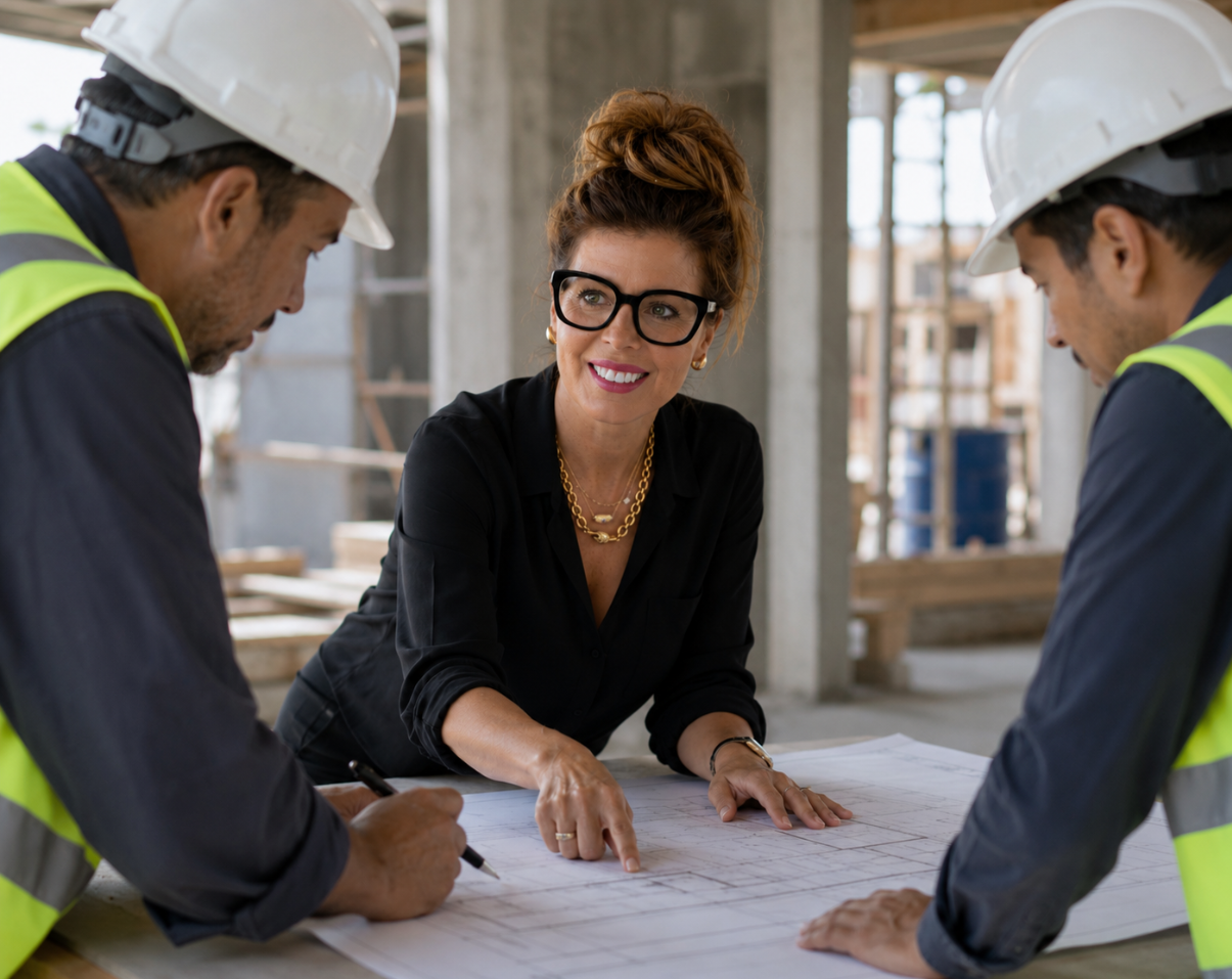 A woman in black glasses and a black outfit is discussing construction plans with two construction workers wearing safety helmets and vests at a construction site.