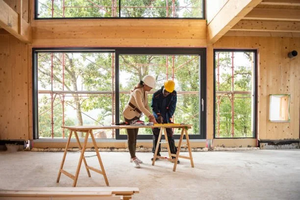 Two construction workers wearing safety helmets working on a wooden table inside a room with large glass windows and exposed wooden walls.