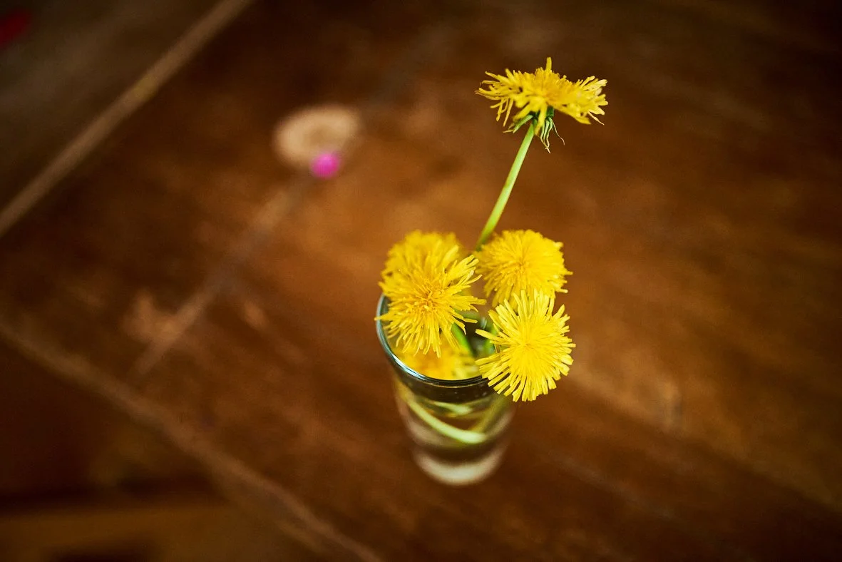 Gelbe Löwenzahnblumen in einer kleinen Vase auf einem Holztisch