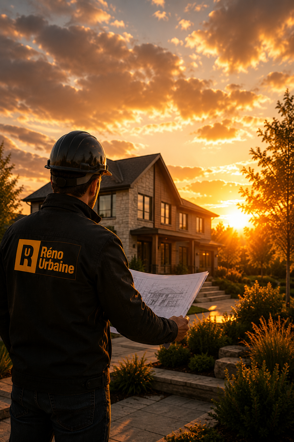 Un homme portant un casque de construction et un veston avec l'inscription 'Rêno Urbaine', en train de regarder un plan devant une maison au coucher du soleil.