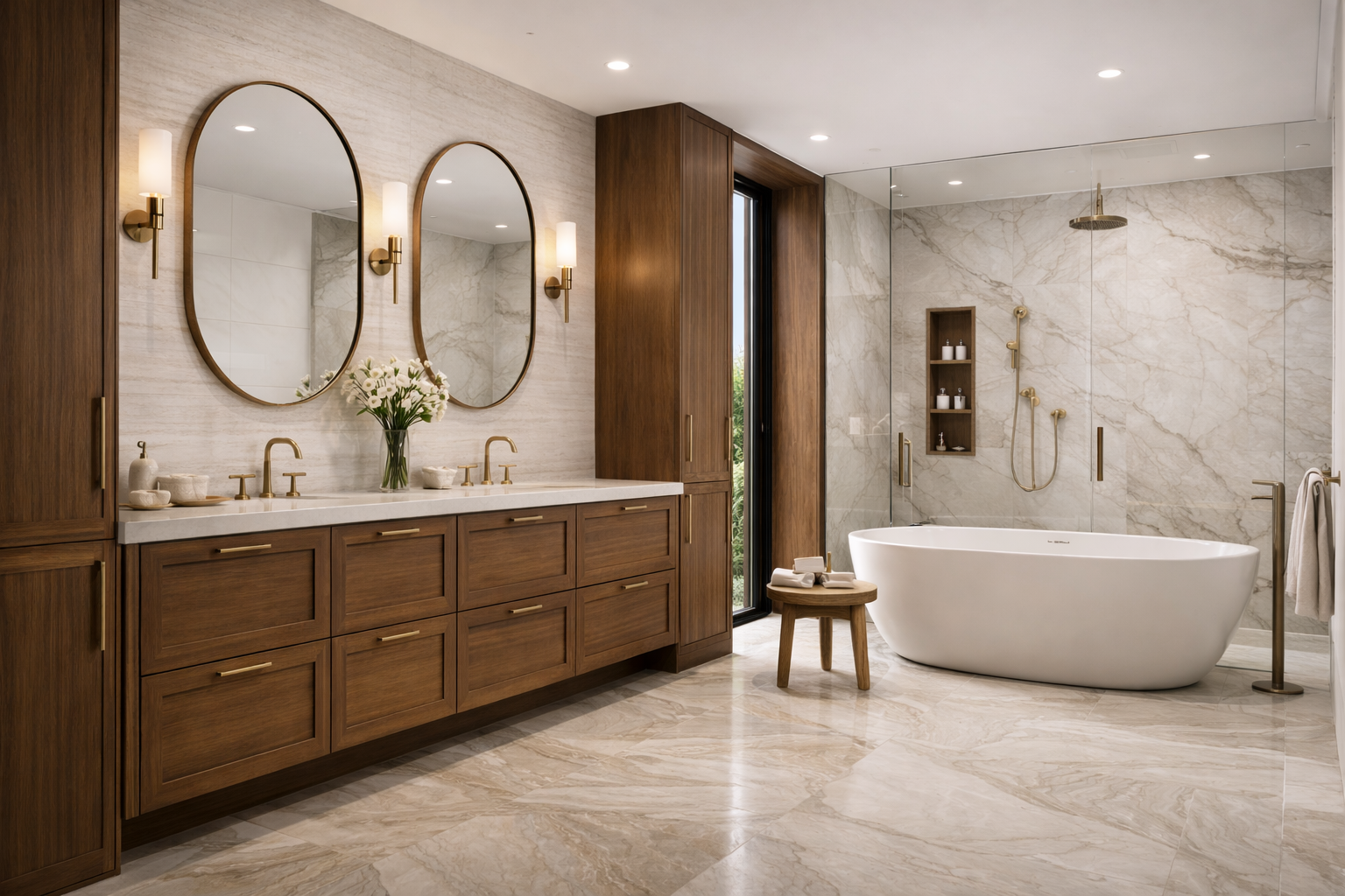 Salle de bain moderne avec double lavabo en bois, deux miroirs ovales, vasque en marbre, et baignoire autoportante avec douche à l'italienne, decorée avec des détails en or.