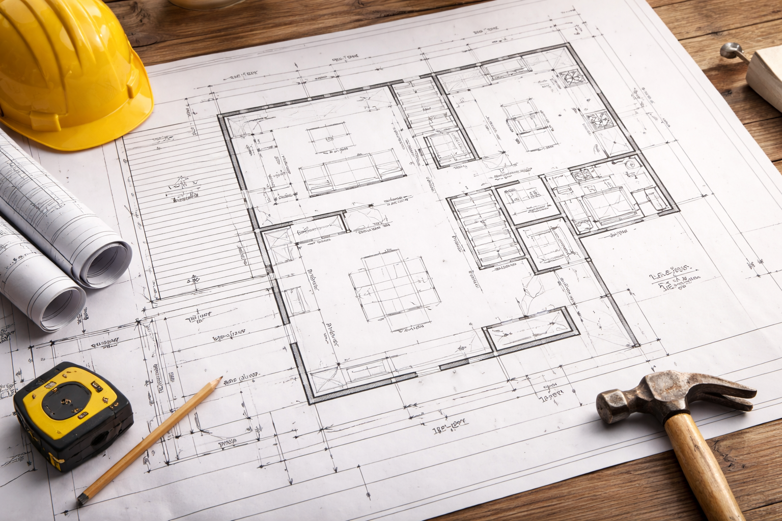 Plan architectural détaillé d'une maison sur une table en bois, avec un casque de sécurité jaune, un ruban à mesurer, un crayon, des rouleaux de plans, et un marteau.