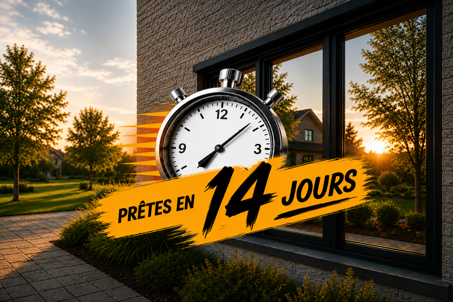Image montrant une grande horloge à côté d'une maison au coucher du soleil, avec une bannière orange annonçant "Prêtes en 14 jours".