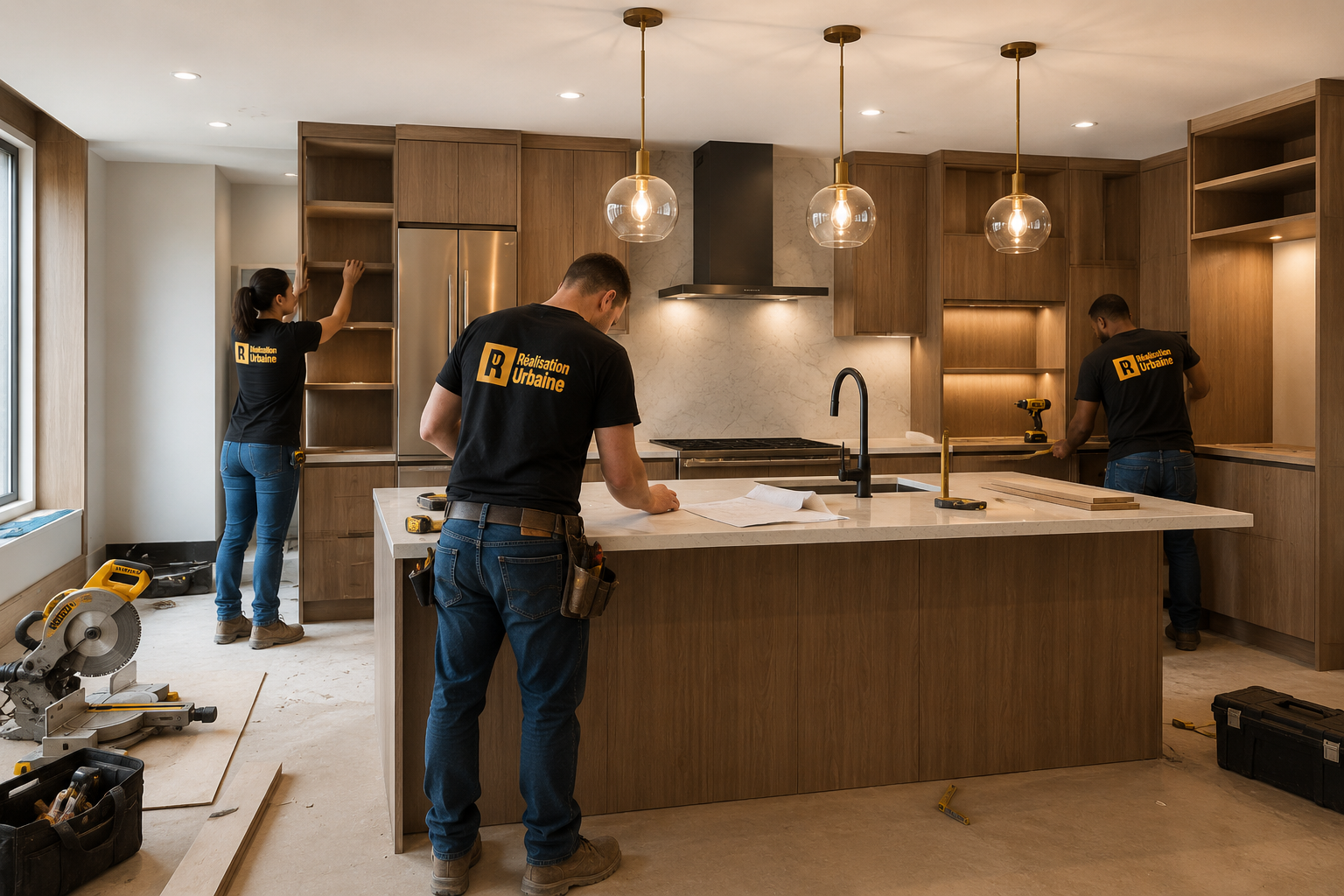 Équipe de travailleurs en plein aménagement d'une cuisine moderne en bois, installation en cours avec outils.