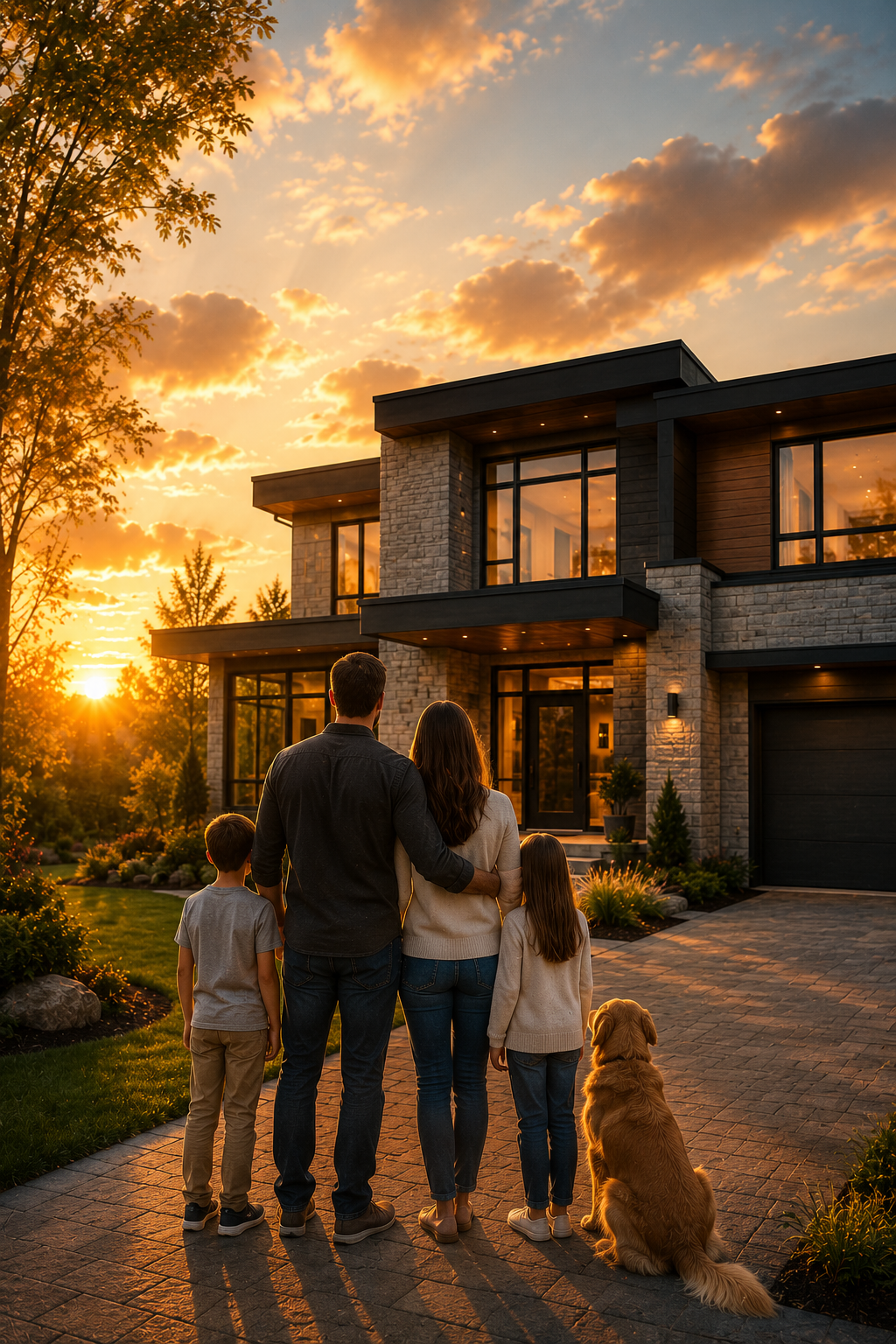 Une famille regarde une maison moderne au coucher du soleil, avec des arbres et un jardin bien entretenu.
